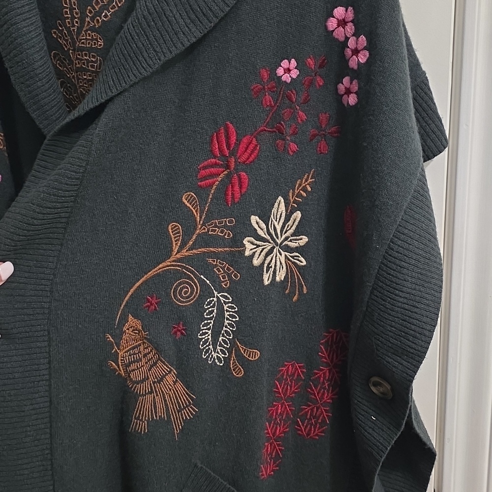 Johnny Was ZuZu Cape Floral Bird Embroidered Wool Cashmere Duster Sweater Hood - Picture 12 of 14